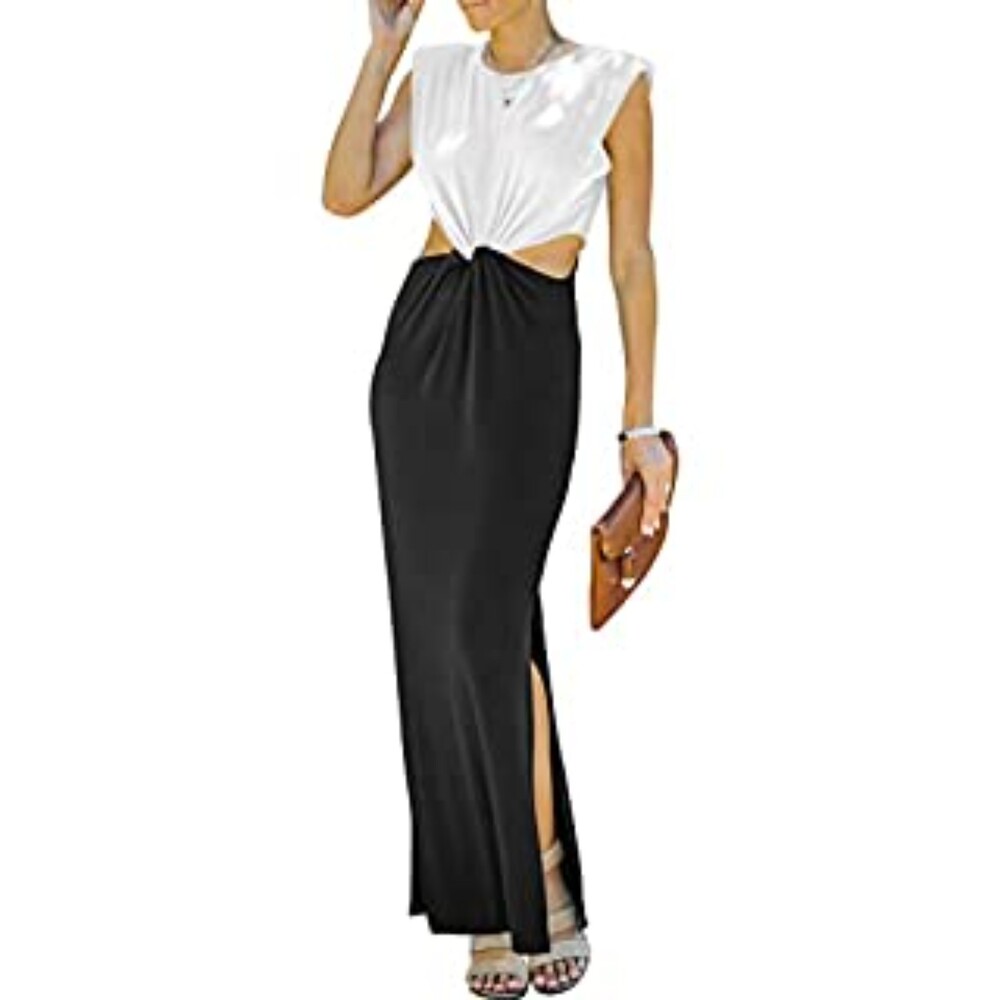 Side Cutout Padded Shoulder Bodycon Dress Sleeveless Slit Club Party Maxi Sz M